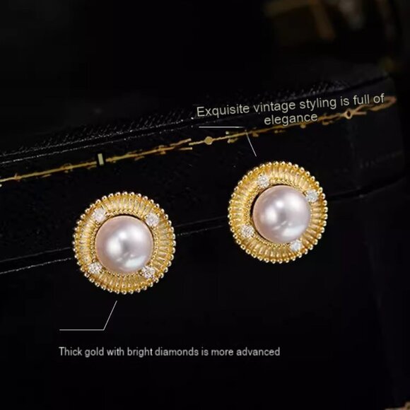 New 18K Yellow Gold French Vintage Pearl Stud Earrings - Picture 5 of 5